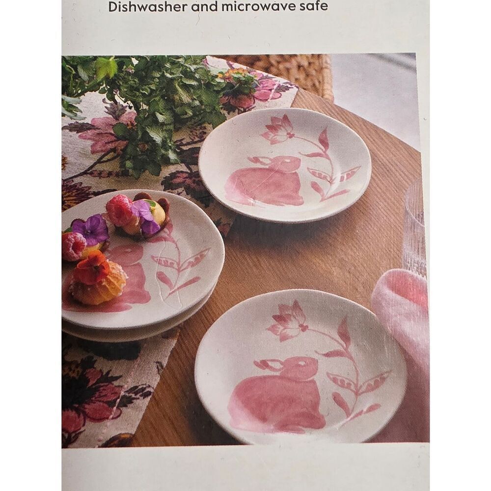 4pc 6" Stoneware Aralia Appetizer Plates Hand Painted Pink Bunny Threshold